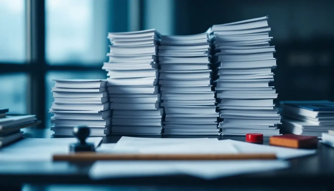 早朝の行政窓口のデスクに、審査を待つA4の申請書類が数束に分けて積まれている様子